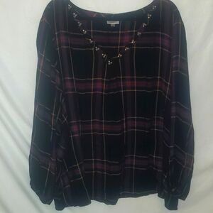 Avenue Black Multi Plaid Studded Blouse